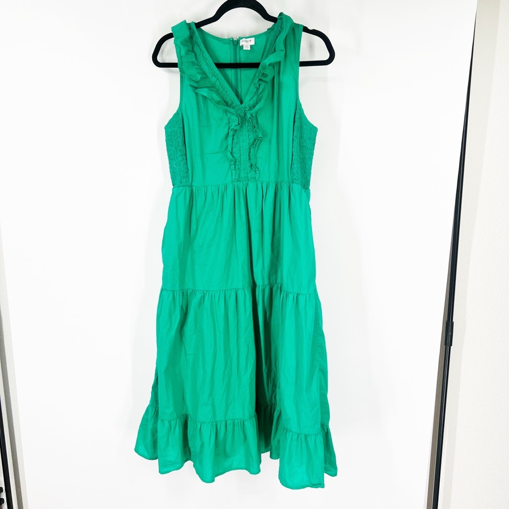 J. Crew Factory V-Neck Smocked Ruffle Cotton Midi Dress